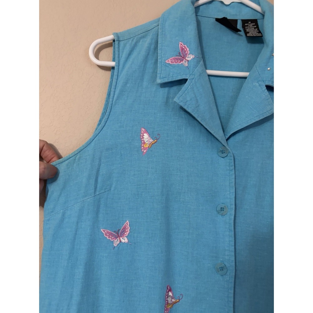 Vintage Erika Linen Blend Embroidered Butterfly Midi Shirtdress Blue Aqua 90s - Picture 3 of 11